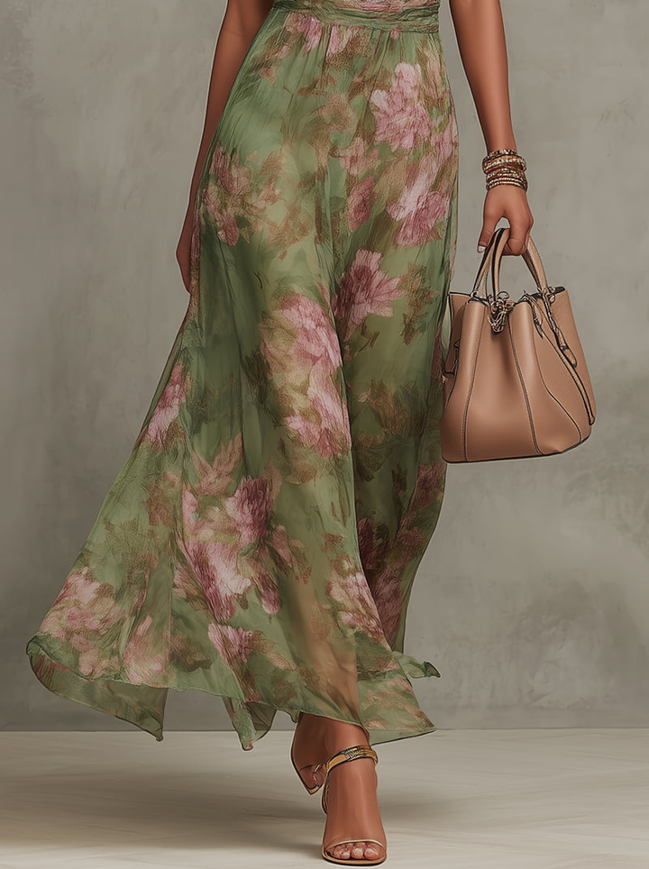 Sienna | Abito Maxi Chiffon Floreale Verde a Schiena Nuda