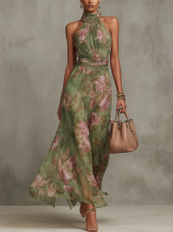 Sienna | Abito Maxi Chiffon Floreale Verde a Schiena Nuda