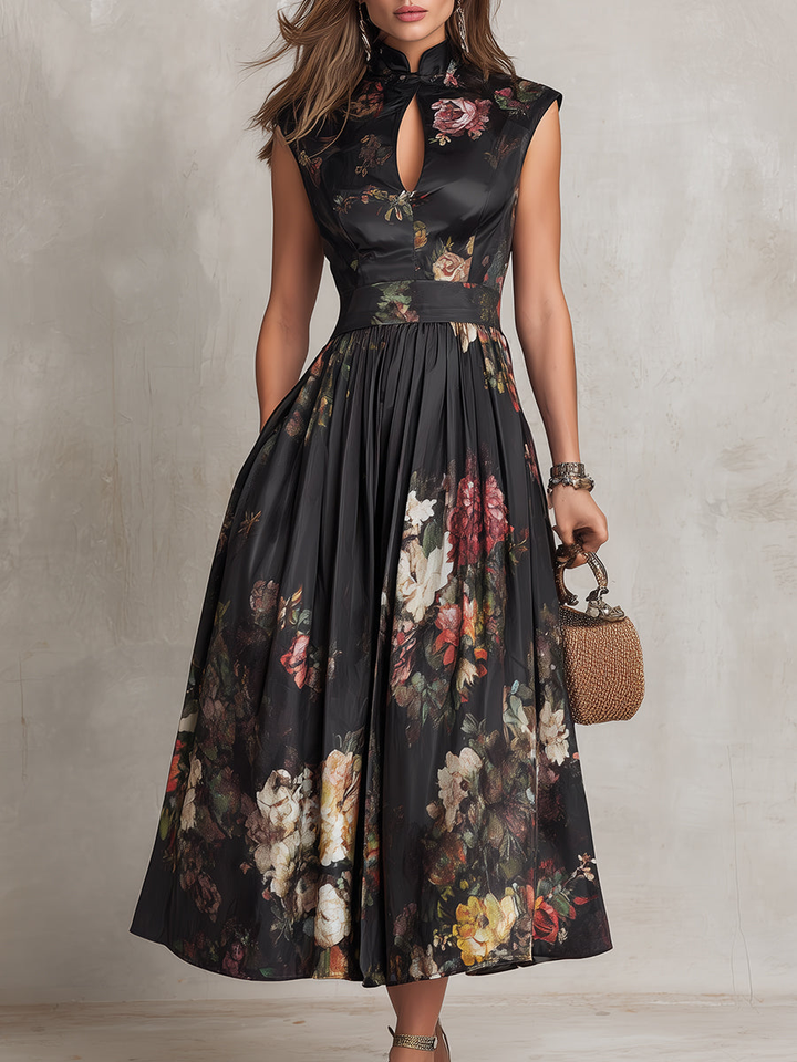 Lavinia | Abito Midi Plissettato in Satin Floreale Nero