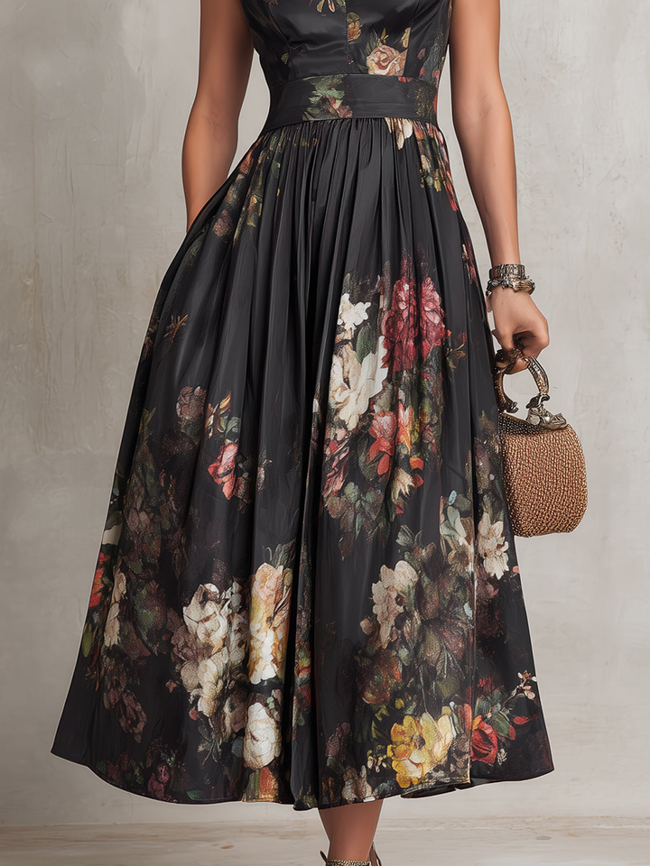 Lavinia | Abito Midi Plissettato in Satin Floreale Nero