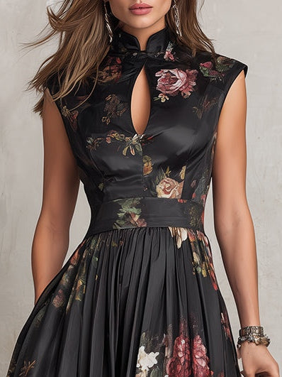 Lavinia | Abito Midi Plissettato in Satin Floreale Nero