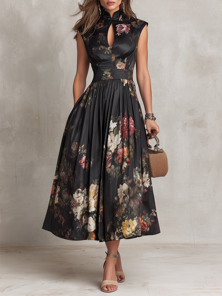Lavinia | Abito Midi Plissettato in Satin Floreale Nero
