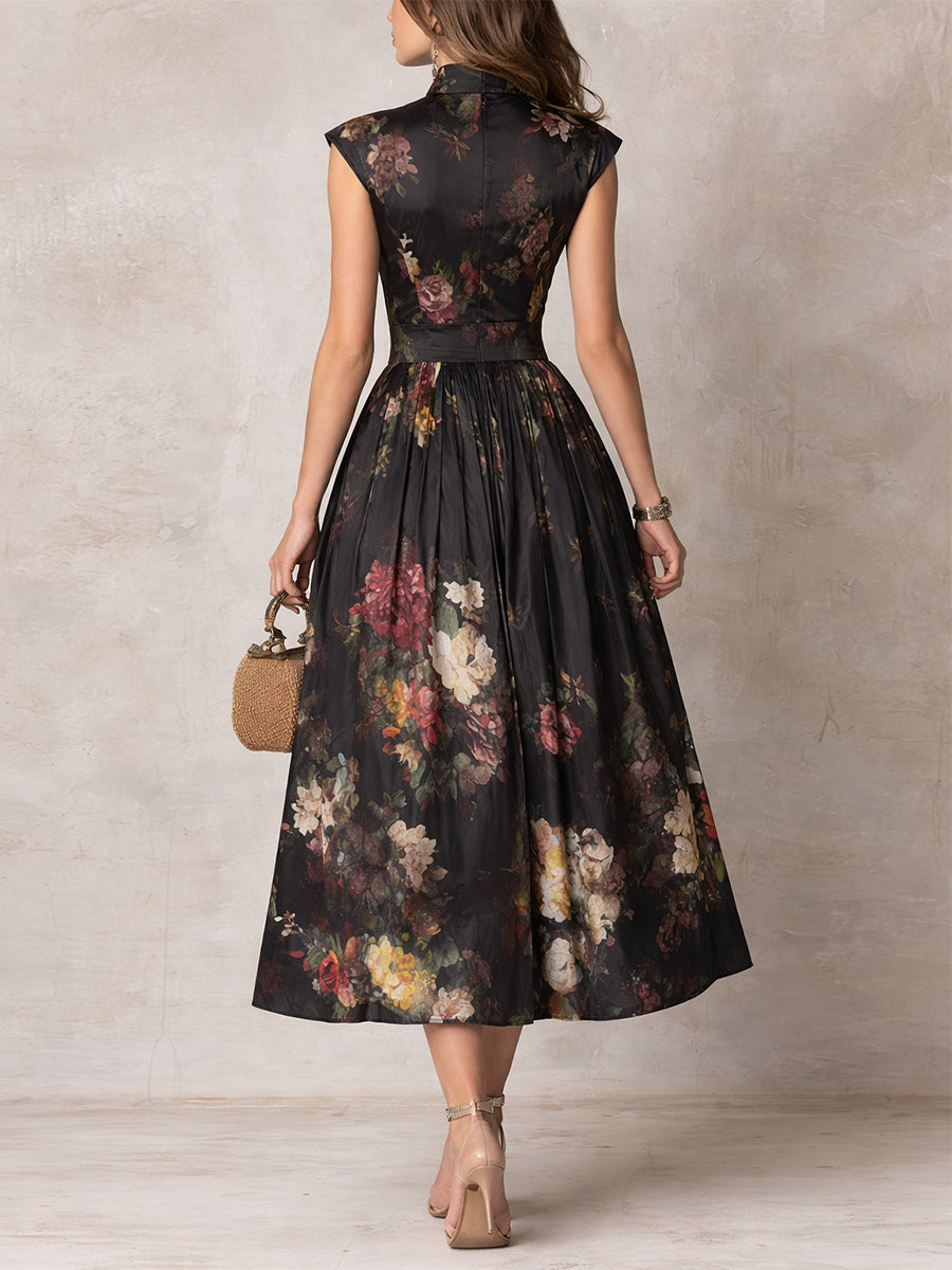Lavinia | Abito Midi Plissettato in Satin Floreale Nero