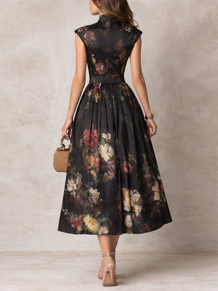 Lavinia | Abito Midi Plissettato in Satin Floreale Nero