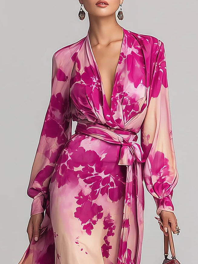 Greta | Abito Maxi Floreale con Scollo a V e Cintura