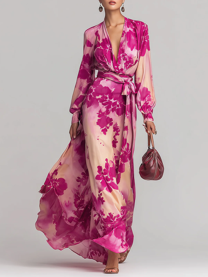 Greta | Abito Maxi Floreale con Scollo a V e Cintura