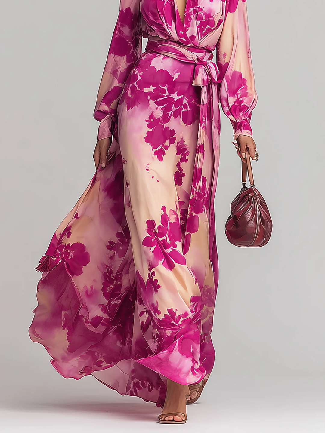 Greta | Abito Maxi Floreale con Scollo a V e Cintura