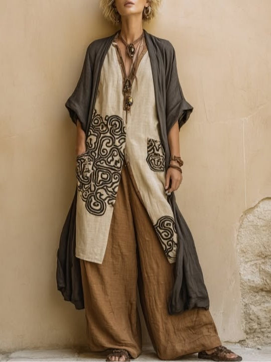 Matilde | Set di tre pezzi in grigio scuro e marrone con stampa tribale