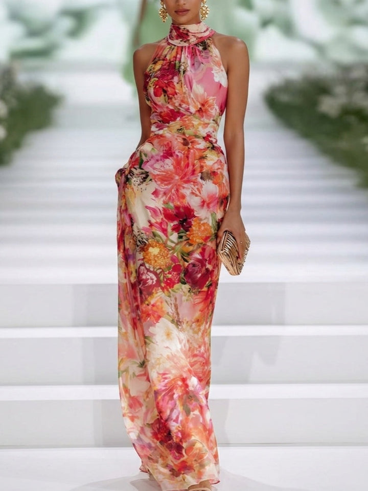 Valentina | Abito Maxi Senza Maniche in Chiffon Rosso a Fiori