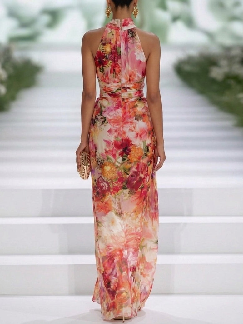 Valentina | Abito Maxi Senza Maniche in Chiffon Rosso a Fiori