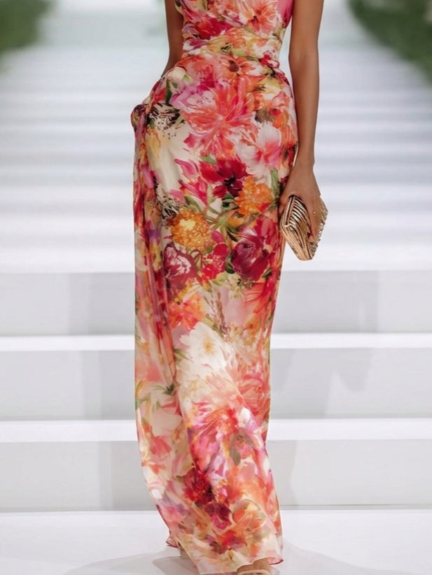 Valentina | Abito Maxi Senza Maniche in Chiffon Rosso a Fiori