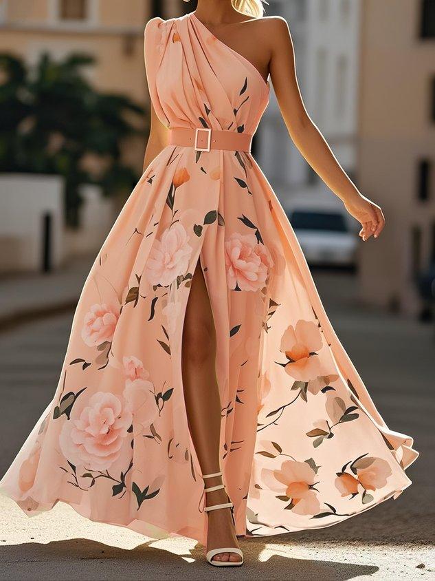 Daisy | Abito Maxi Chiffon Floreale a Spalle Scoperte Verde Chiaro