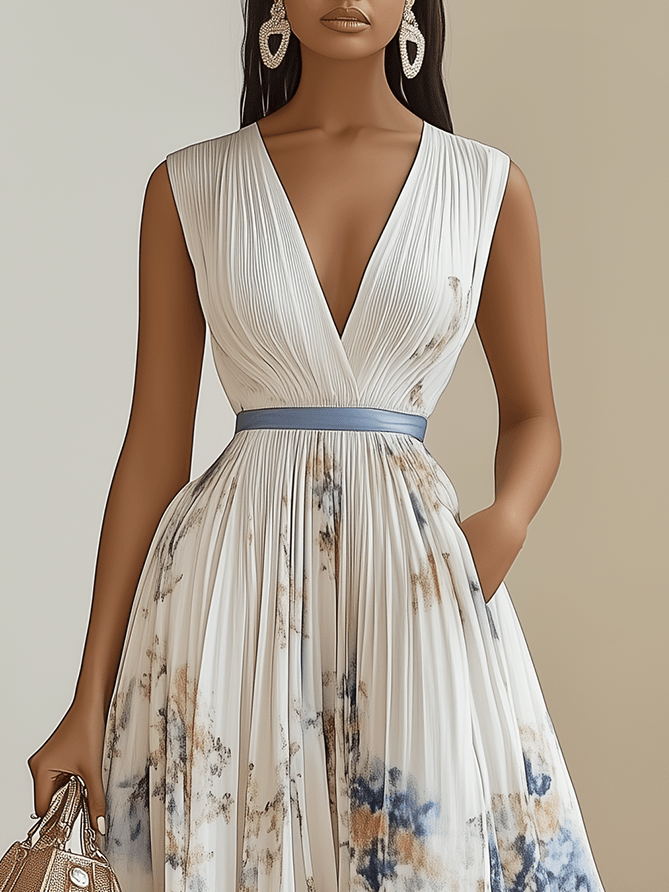 Camilla | Abito midi plissettato in chiffon floreale bianco con scollatura a V