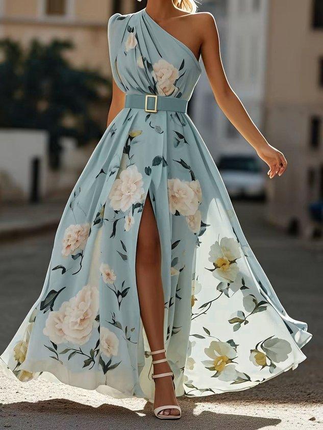 Daisy | Abito Maxi Chiffon Floreale a Spalle Scoperte Verde Chiaro