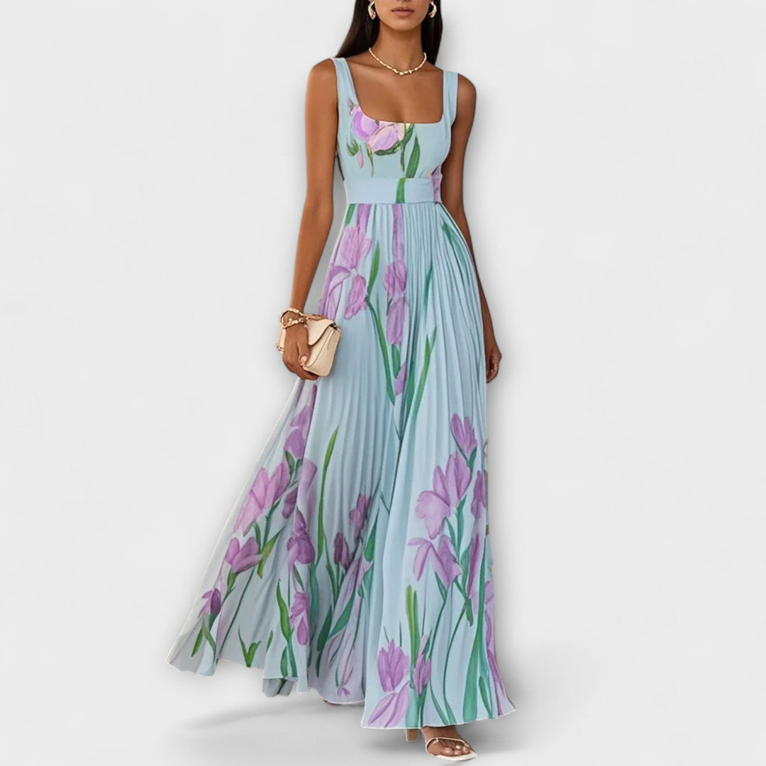 Rosalinda | Abito lungo plissettato in chiffon floreale con cintura
