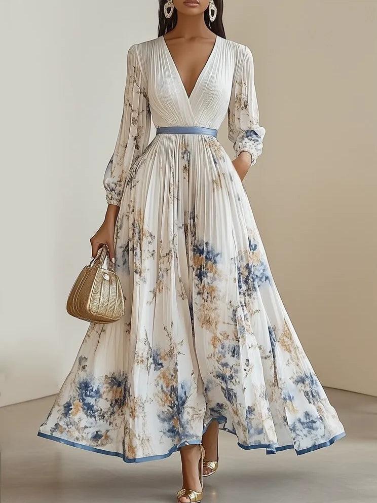 Viola | Abito Maxi in Chiffon Floreale Bianco con Maniche Voluminose