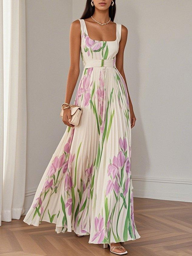 Isabella | Abito Maxi Chiffon Floreale Plissettato Bianco