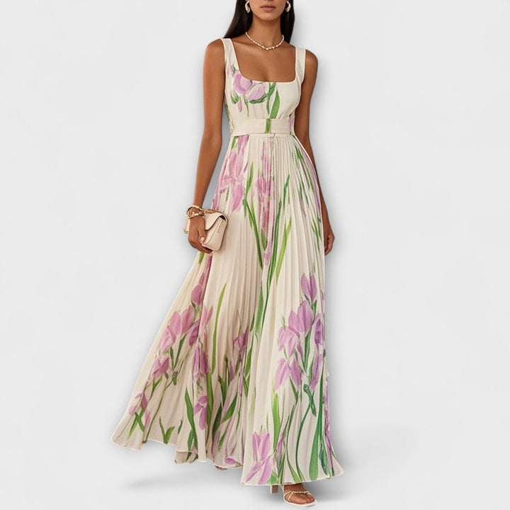 Rosalinda | Abito lungo plissettato in chiffon floreale con cintura