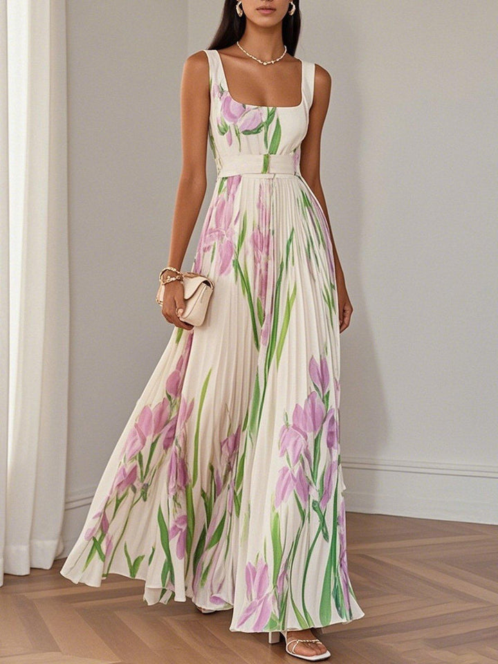 Isabella | Abito Maxi Chiffon Floreale Plissettato Bianco
