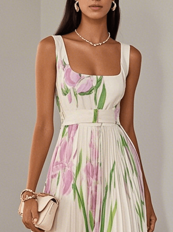 Isabella | Abito Maxi Chiffon Floreale Plissettato Bianco
