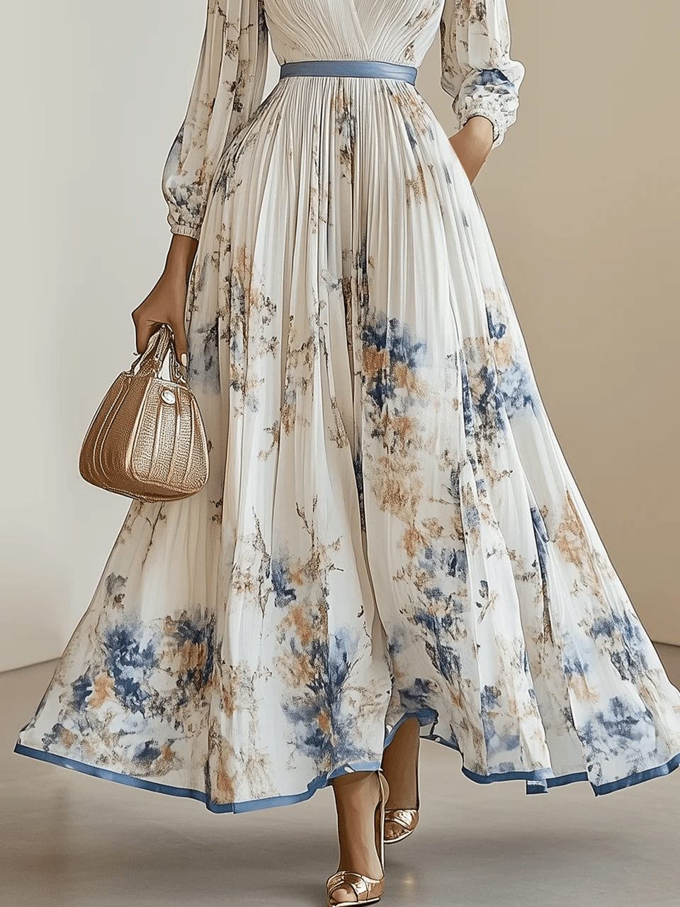 Viola | Abito Maxi in Chiffon Floreale Bianco con Maniche Voluminose