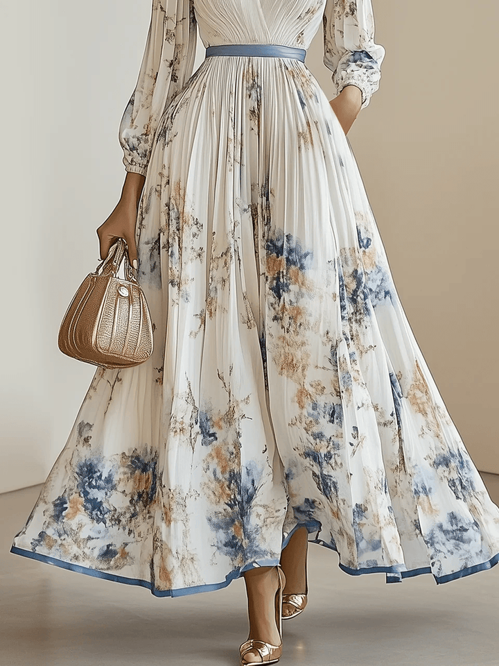 Viola | Abito Maxi in Chiffon Floreale Bianco con Maniche Voluminose