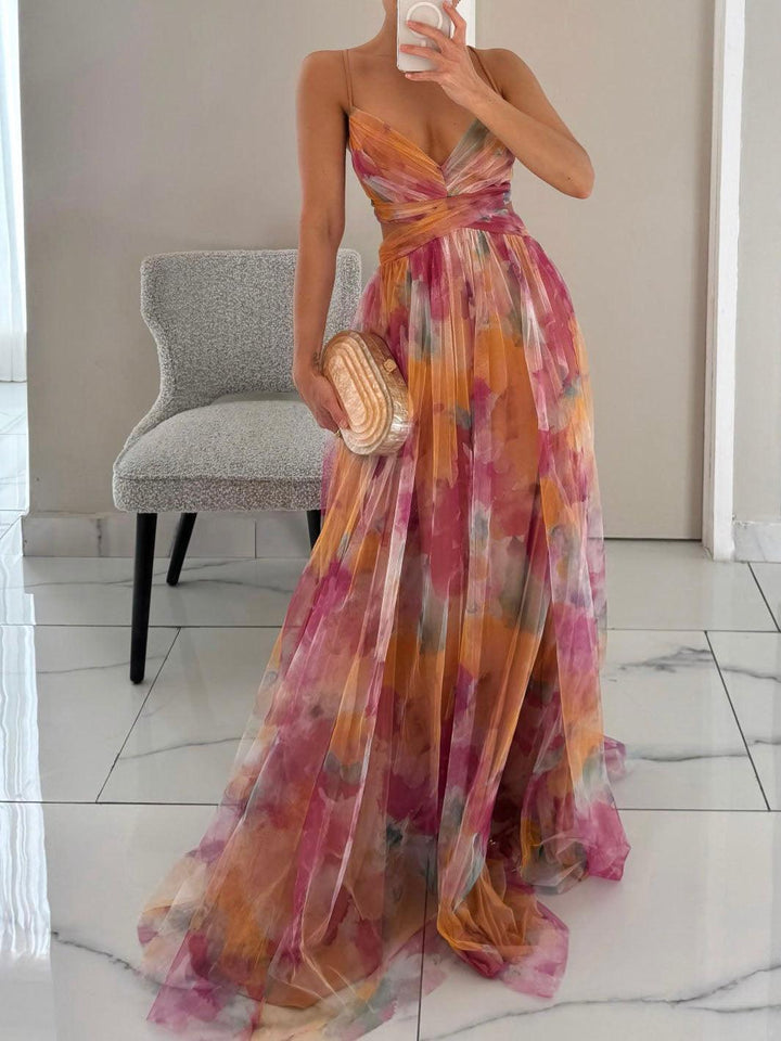 Gaia | Abito Maxi Stampato Floreale con Collo a V