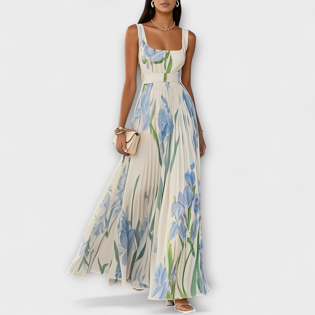 Rosalinda | Abito lungo plissettato in chiffon floreale con cintura