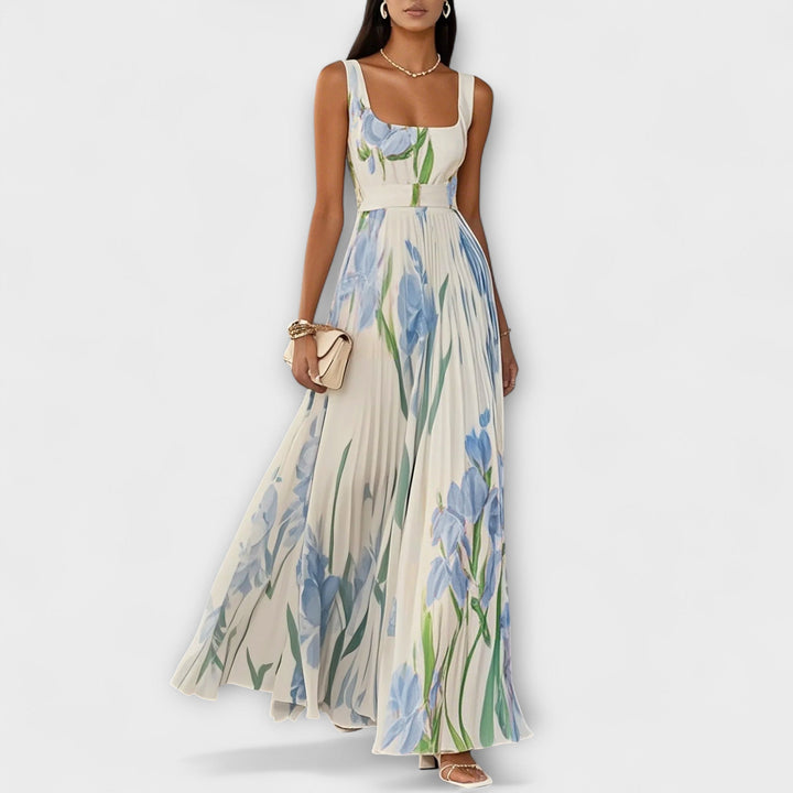 Rosalinda | Abito lungo plissettato in chiffon floreale con cintura