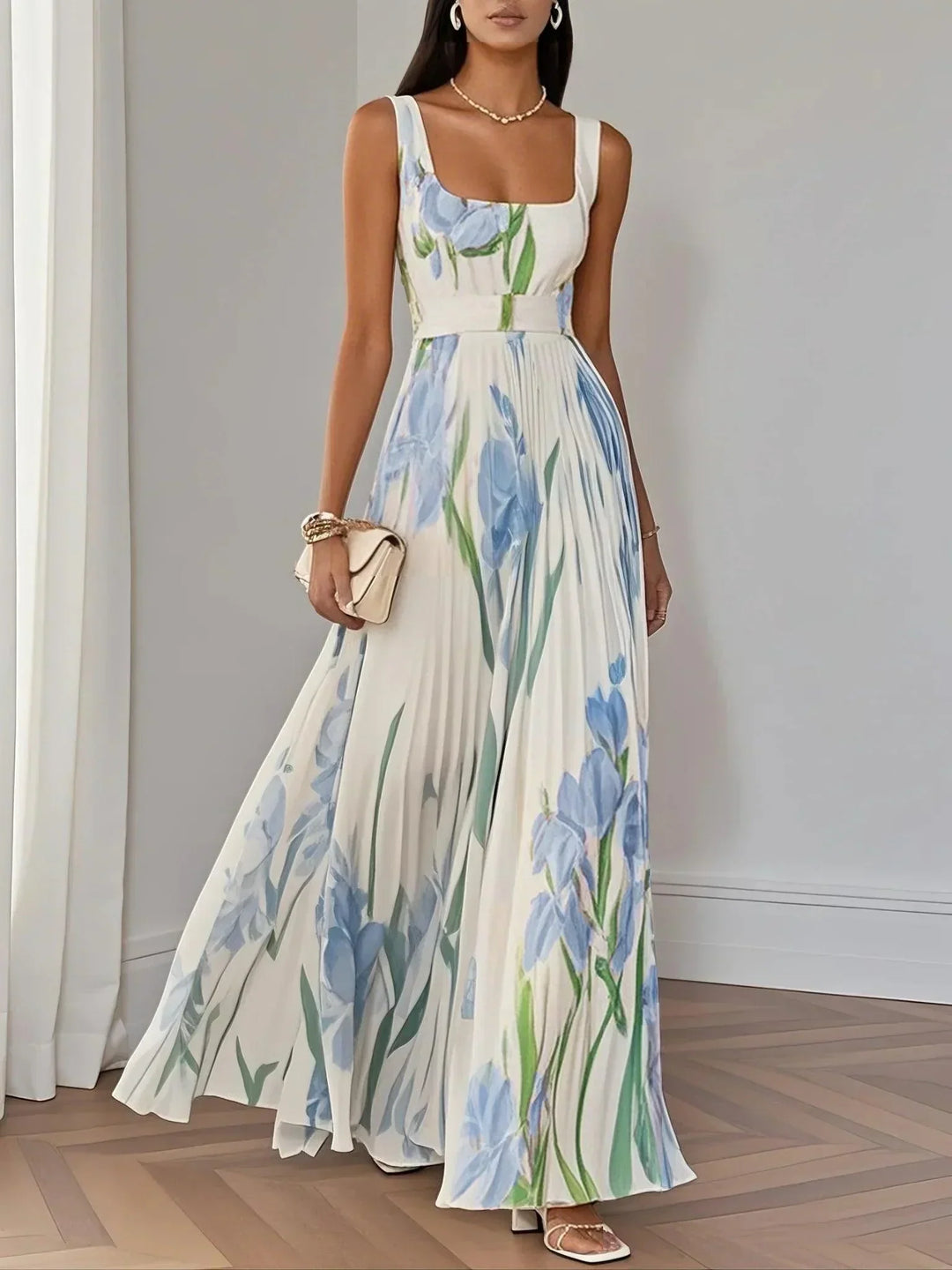 Isabella | Abito Maxi Chiffon Floreale Plissettato Bianco