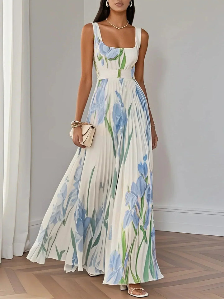 Isabella | Abito Maxi Chiffon Floreale Plissettato Bianco