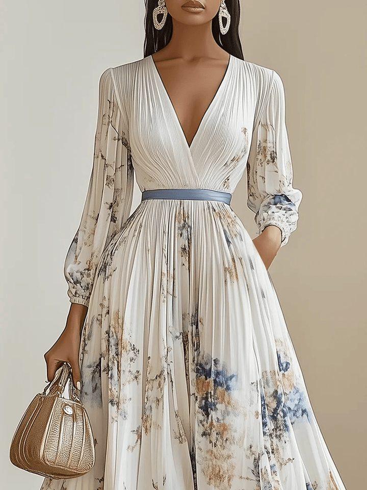 Viola | Abito Maxi in Chiffon Floreale Bianco con Maniche Voluminose